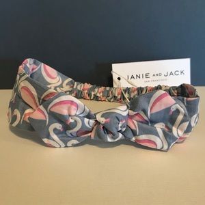 New Janie and Jack Baby Headband, Grayish-blue w White and Pink Swans, one size